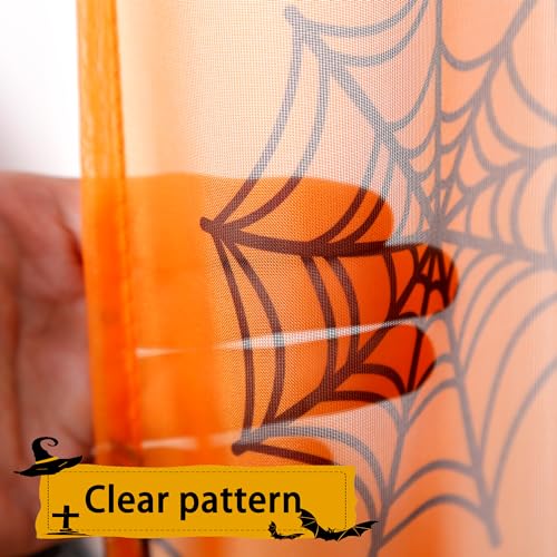 Halloween Sheer Curtains for Living Room - 52W x 63L Cobweb & Orange 2 Panel Set