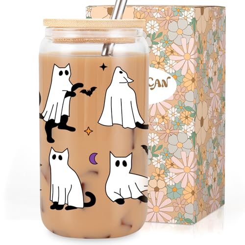 Halloween Cat Ghost Glass Cup with Lid and Straw - Spooky Cute Party Drinkware