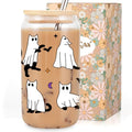 Halloween Cat Ghost Glass Cup with Lid and Straw - Spooky Cute Party Drinkware