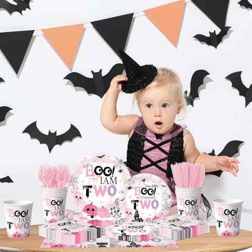 Halloween Pink Ghost Party Supplies Set for Girls' 2nd Birthday - Plates, Napkins, Cups & Cutlery