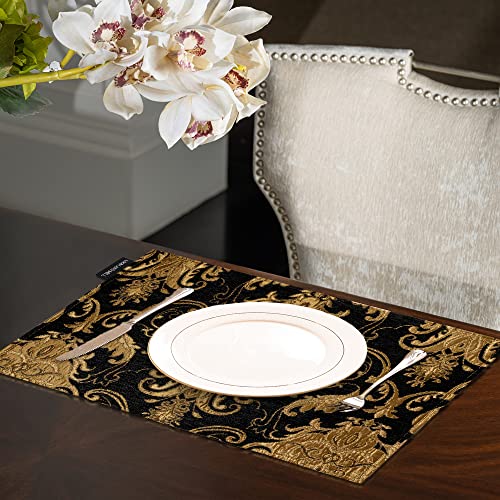 Chenille Damask Placemats Set of 4 - Halloween Black and Bronze Variation