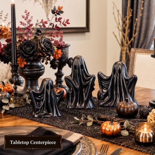 Halloween Ghost Figurine Set - 3 Black Resin Gothic Decor, 4-6 Inches