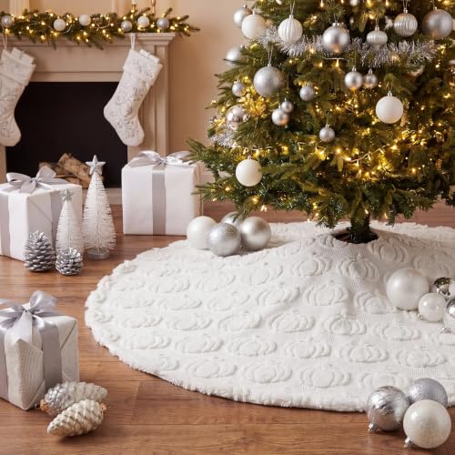 48 Inch Fall Tree Skirt Cream White Plush with 3D Pumpkins - Seasonal Decor