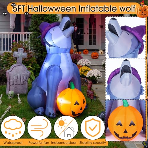 5ft LED Halloween Inflatable Wolf with Pumpkin Outdoor Decorations