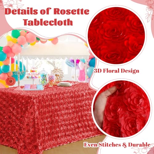 Red 90x156 Inch Satin Rosette Tablecloth - Floral Wedding Event Decor