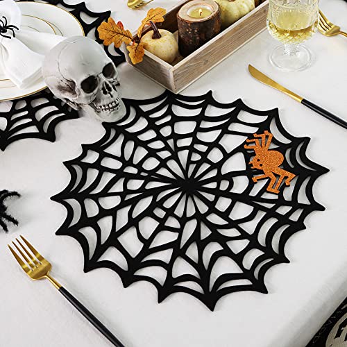 Halloween Spider Web Placemats Set of 4 - Black & Orange Glitter Felt Spiders