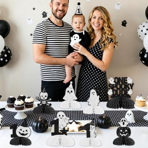 Halloween First Birthday Party Decor - Black Silver Honeycomb Centerpieces - Spooky Dude Theme - Variation: Black White