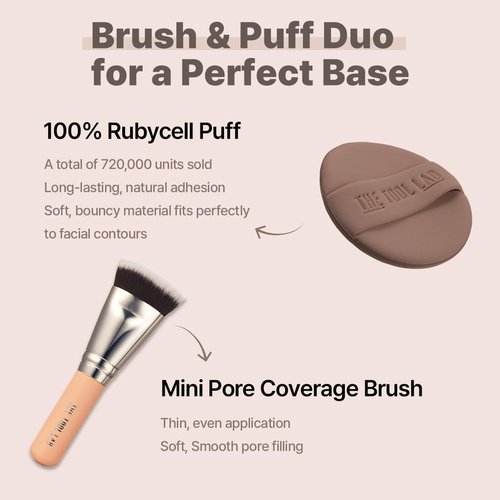 THE TOOL LAB All Day Fitting Duo (Glow type) - Premium Base Makeup Set for Liquid Cream Powder Foundation, Buffing Blending Face Brush, Sponge, Portable Case - 1.1" Flat Top Brush