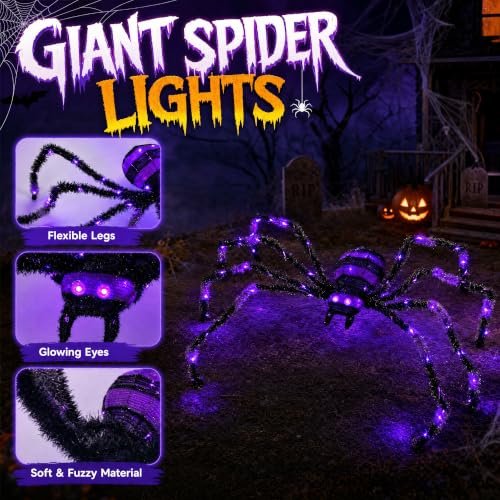 Giant Lighted Halloween Spider Set - 4.1 Ft Creepy Yard Decorations with 8 Lighting Modes