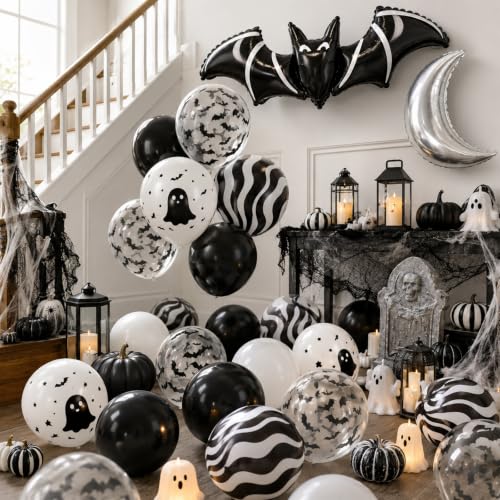 Black Silver Halloween Balloons Set with Ghost, Bat & Moon Foil - Party Decorations