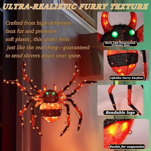 Giant 4.6Ft Halloween Light-Up Spider with 90 LED Lights - Outdoor Porch Decor - ZZ-006