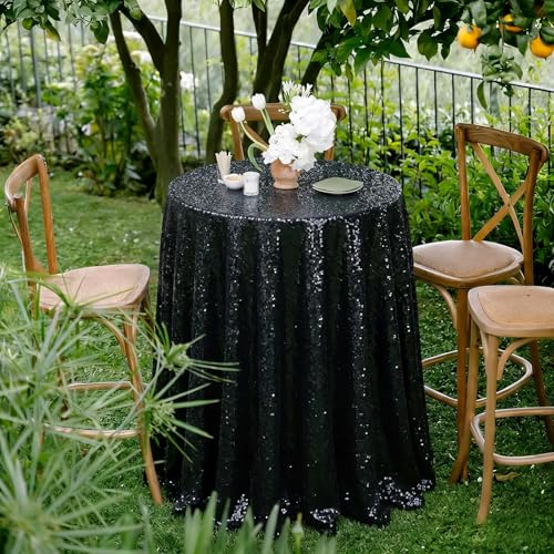 QueenDream Black Sequin Round Tablecloth 50 Inch for Party & Wedding Decor