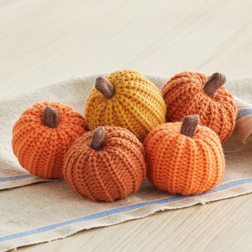 Mini Knit Pumpkins Set of 5 - Orange Autumn Fall Decor, 2.5 Inch