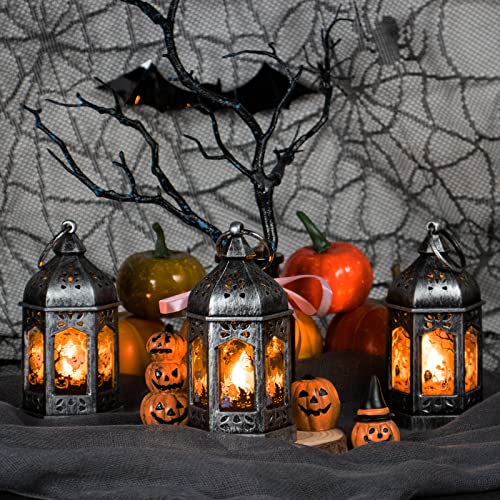 Silver-Hween 8-Pack Mini Lanterns with Halloween Pattern Glass & Flickering LED Candles