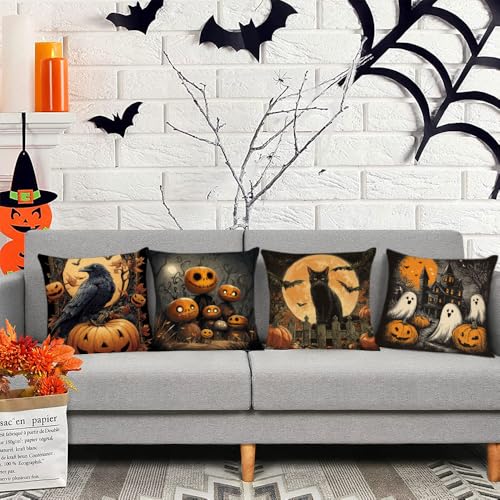 Halloween Pillow Covers 20x20 Set of 4 Ghost Pumpkin Spider Web Decor - Black Cat & Crow Design - Variation 28
