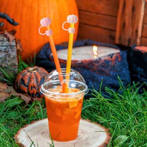 Fall Pumpkin Silicone Reusable Straw Cover Caps - Orange Pink, 4 Pack