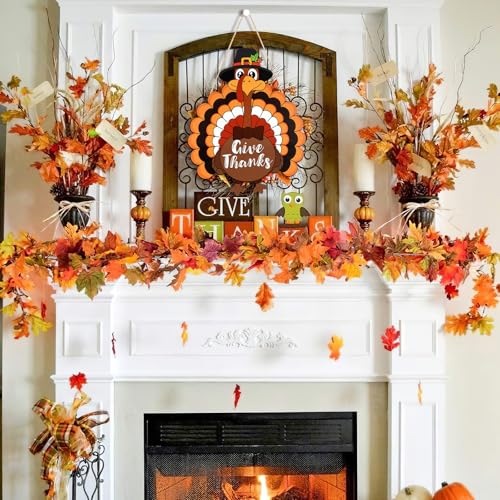 Thanksgiving Wooden Door Wreath - Large Turkey & Pumpkin Fall Decor - Bow Tie Variation
