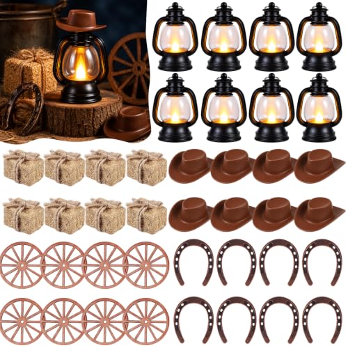 Western Cowboy Party Decorations Set - Rustic Table Centerpieces with LED Lanterns, Hats, Horseshoes, Wagon Wheels & Hay Bales, 40 pcs
