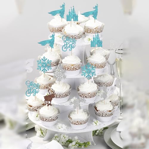 Snowflake Cupcake Toppers Set - Design 13 Winter Frozen Party Decorations (24 Pack)
