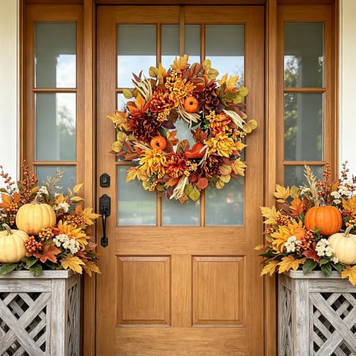 26-Inch Fall Wreath with Dahlia Pumpkin Berries - Golden Maple Variation