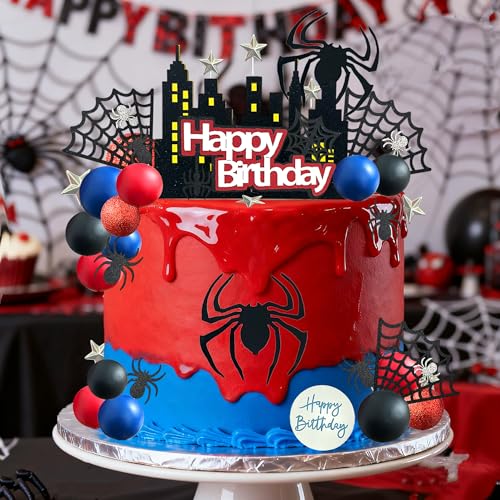 Spider Cake Topper Set - Blue-Red Halloween & Birthday Party Decorations