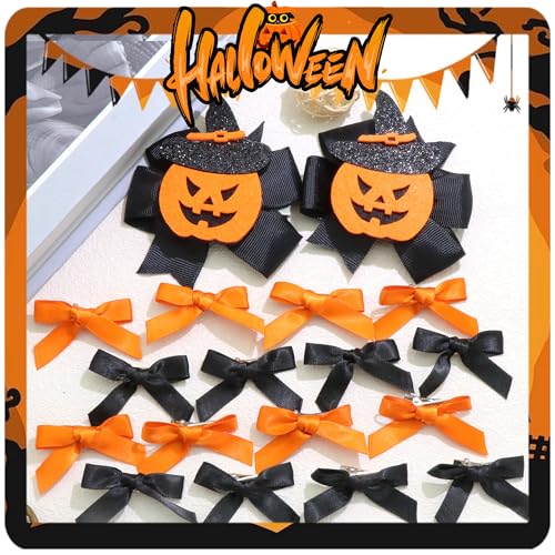 Halloween Hair Clips Set 18 Pcs Pumpkin Bows & Barrettes - Black & Orange