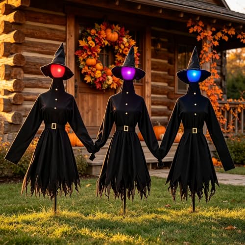 Light Up Halloween Witches Set of 3 - 4.9FT Outdoor Yard Decorations with Sound