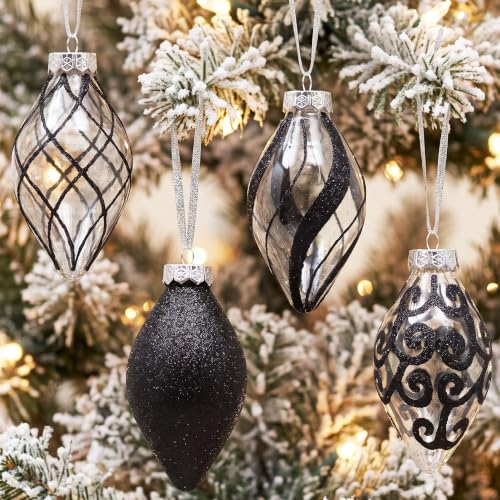 4-Inch Onyx Diamond Finial Assortment - Black Teardrop Christmas Ornaments Set