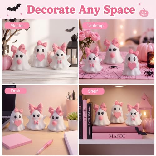 Pink Halloween Ghost Figurines Set - Bow Style, Resin, 3 Pieces