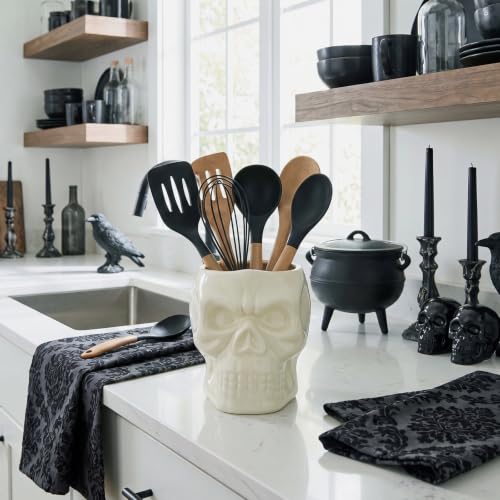 Ceramic Skull Utensil Holder for Kitchen - Gothic Kitchen Accessories, White Skull