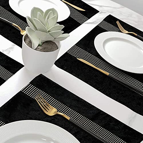 Black Velvet Placemats Set of 4 with Silver Sequin Rhinestones - Elegant Table Decor