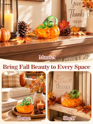 Bright Orange 3.5-Inch Handmade Blown Glass Pumpkin for Fall Home Decor