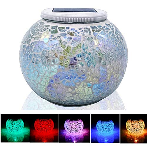 Solar Powered Color Changing Mosaic Glass Table Lamp Waterproof Night Light - White, Crackle Glass