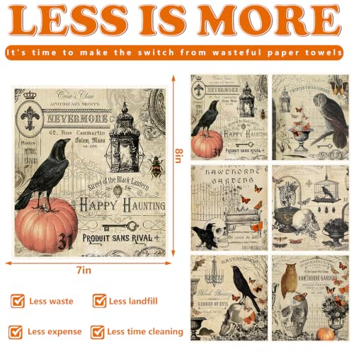 Halloween Vintage Owl Crow Skull Cotton Kitchen Towels - 12 Pcs, Absorbent & Reusable