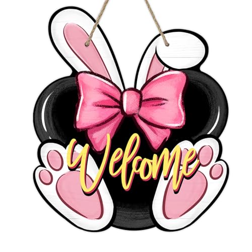 Pink Bunny Welcome Easter Front Door Sign - Bunny Rabbit Ears Wood Hanger