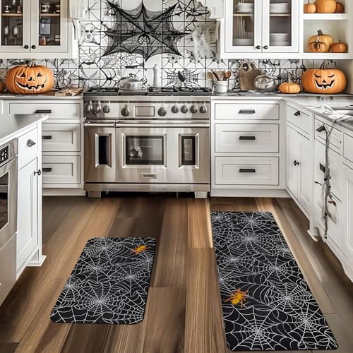 Halloween Kitchen Rugs Set - Non-Slip Washable Holiday Mat with Mouse Pad, Spider Web Design