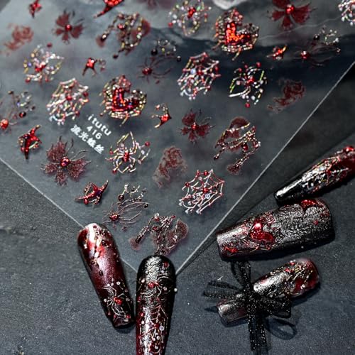 Halloween Glitter Nail Stickers with Spider Web and Heart Design - Style 17