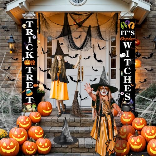 Halloween Outdoor Decorations Set with Banners Witch Hats Bats Creepy Cloth