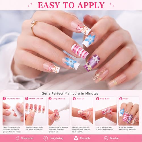 RTKHFZE Colorful Y2K Long Square Press On Nails with 3D Blue Flowers - Style21