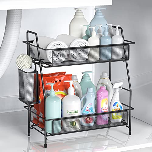 Large Countertop Organizer for Bathroom & Kitchen, 2-Tier Black Under Sink Storage