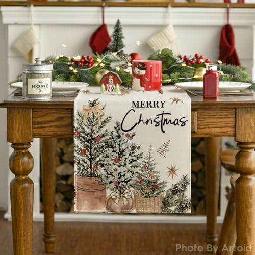 Holly Pine Cone Xmas Table Runner 13x108 Inch Beige Holiday Home Decor