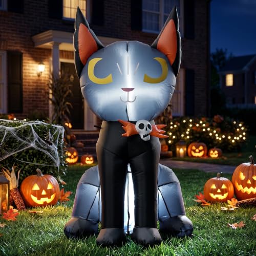 Inflatable Black Cat Halloween Decoration with LED Lights & Skeleton Badge - 4ft