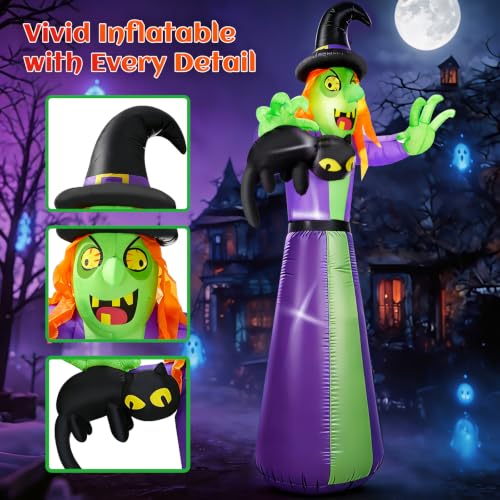 12 FT Giant Inflatable Witch with Black Cat & LED Lights - Outdoor Halloween Decor