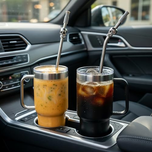 Skull Design Reusable Metal Straws 10.5'' Stainless Steel Drinking Set - Silver & Black