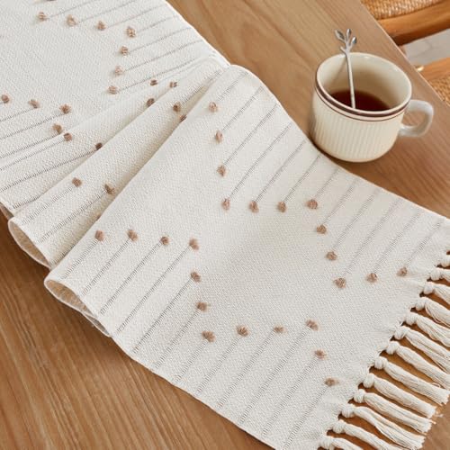 Boho Table Runner 14x48 Inch Taupe/Ivory Woven Home Decor with Fringed Edges