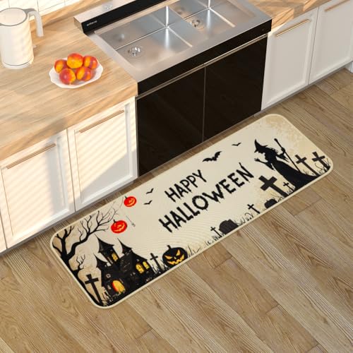 Halloween Kitchen Rugs Set of 2 - Spooky Witch Pumpkin Bat Doormat Non-Slip Entrance Mats