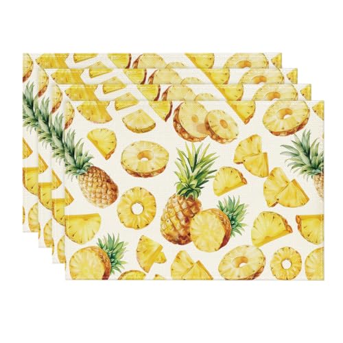 Yellow Pineapple Summer Placemats Set of 4 - 12x18 Inch Rectangular Seasonal Table Decor