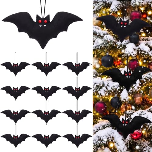 Bat Christmas Tree Ornaments - Set of 12 Black Plush Holiday Decorations