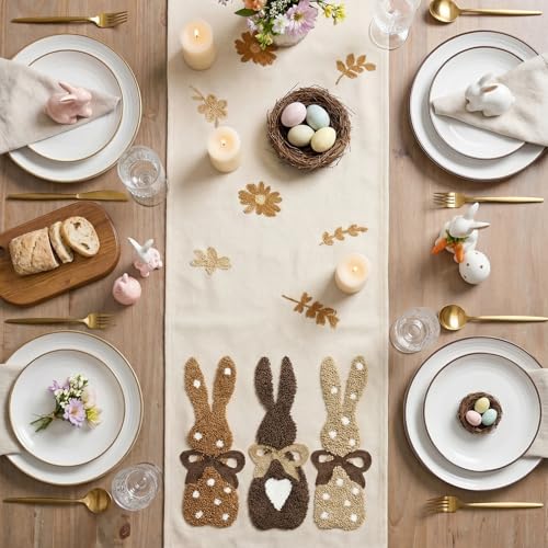 Easter Bunny Table Runner 13x72 Inch - Seasonal Spring Kitchen Decor, Brown Embroidery
