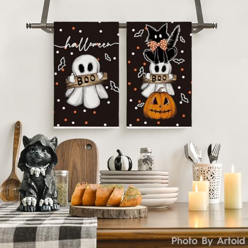 Black Cat Ghost Halloween Kitchen Towels Set of 2 18x26 Inch - Artoid Mode